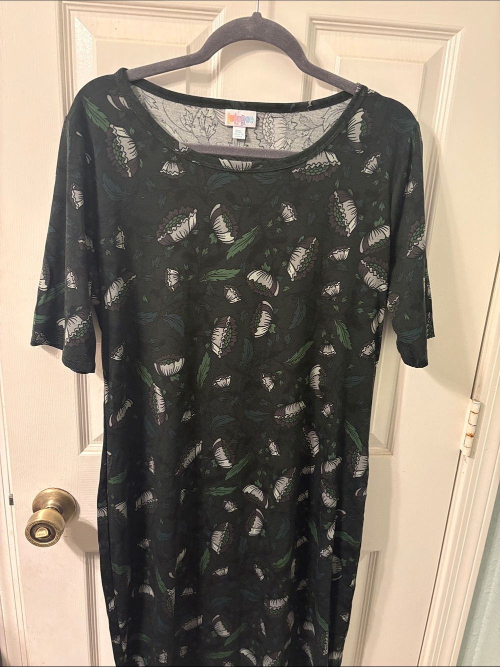 LuLaRoe Black Maxi Dress with Green and White Floral Motif